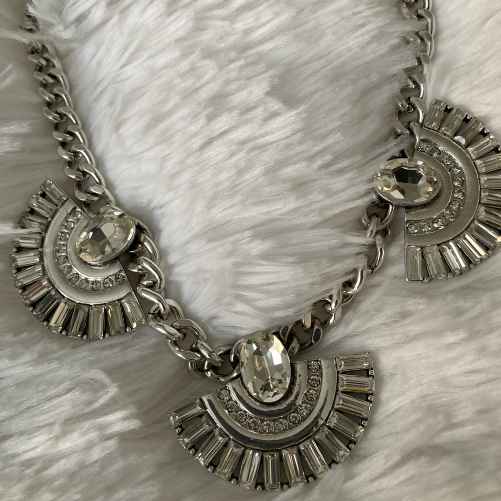 Silver Rhinestone Fan Statement Necklace  New